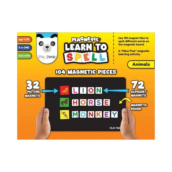 Play Panda Magnetic Learn to Spell - Animals I 104 magnetic Tiles, Magnetic Board and Spelling Guide