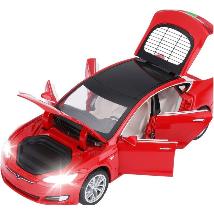 Resembling Tesla Model 3 Diecast Metal Car with Pullback Function, Light, Sound & Openable Doors | 1:32 Scale Model | Assorted Colour