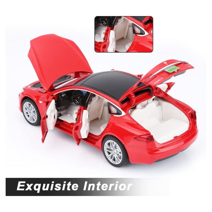 Resembling Tesla Model 3 Diecast Metal Car with Pullback Function, Light, Sound & Openable Doors | 1:32 Scale Model | Assorted Colour