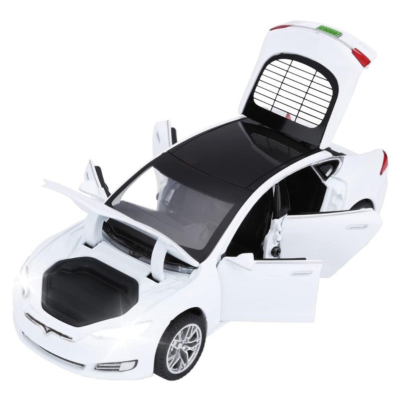 Resembling Tesla Model 3 Diecast Metal Car with Pullback Function, Light, Sound & Openable Doors | 1:32 Scale Model | Assorted Colour