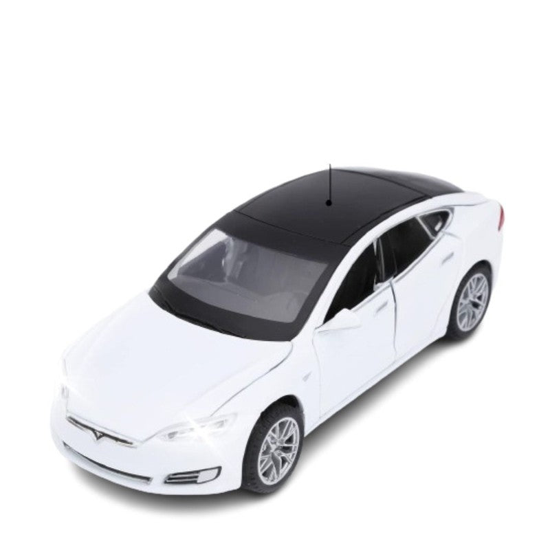Resembling Tesla Model 3 Diecast Metal Car with Pullback Function, Light, Sound & Openable Doors | 1:32 Scale Model | Assorted Colour