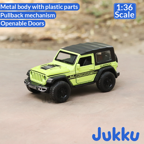 Jukku Resembling Wrangler Diecast Jeep - Pullback, Openable Doors & Bonnet | 1:36 Scale (3 Years till Grown Ups)
