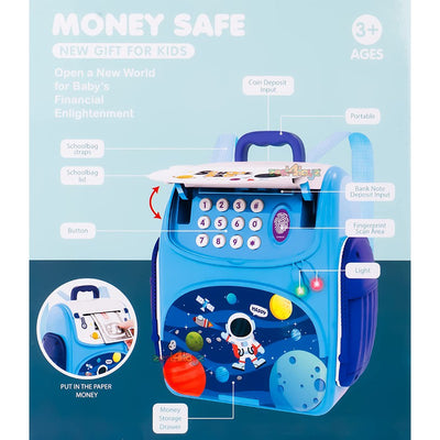 ATM Piggy Bank Money Saving Bank for Real Money Cash Coin School Bag Musical Money Safe for Kids Piggy Savings Bank with Finger Print Sensor (Assorted Colour and Print)