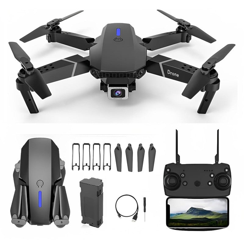 Foldable Remote Control Drone with Camera Wide Angle Lens Optical Flow Positioning with Rechargable Battery WiFi FPV 4-Axis Camera with Dual Flash Lights (Assorted Color)