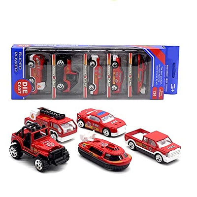 Friction-Powered Die-Cast Mini City Cars | Set of 5 | 1:64 Scale Ratio Fire Brigade Set (Red)