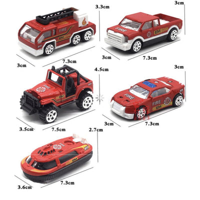 Friction-Powered Die-Cast Mini City Cars | Set of 5 | 1:64 Scale Ratio Fire Brigade Set (Red)