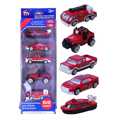Friction-Powered Die-Cast Mini City Cars | Set of 5 | 1:64 Scale Ratio Fire Brigade Set (Red)