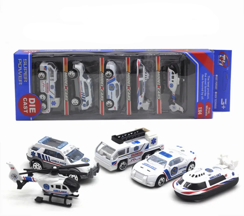 Friction-Powered Die-Cast Mini City Cars | Set of 5 | 1:64 Scale Ratio Ambulance Set (White)