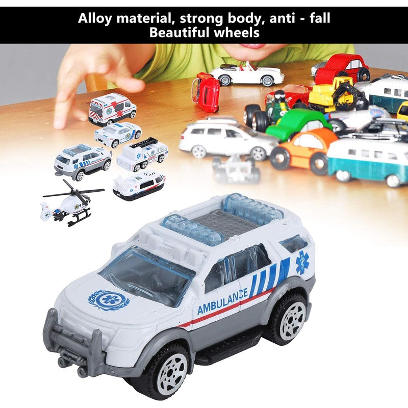Friction-Powered Die-Cast Mini City Cars | Set of 5 | 1:64 Scale Ratio Ambulance Set (White)