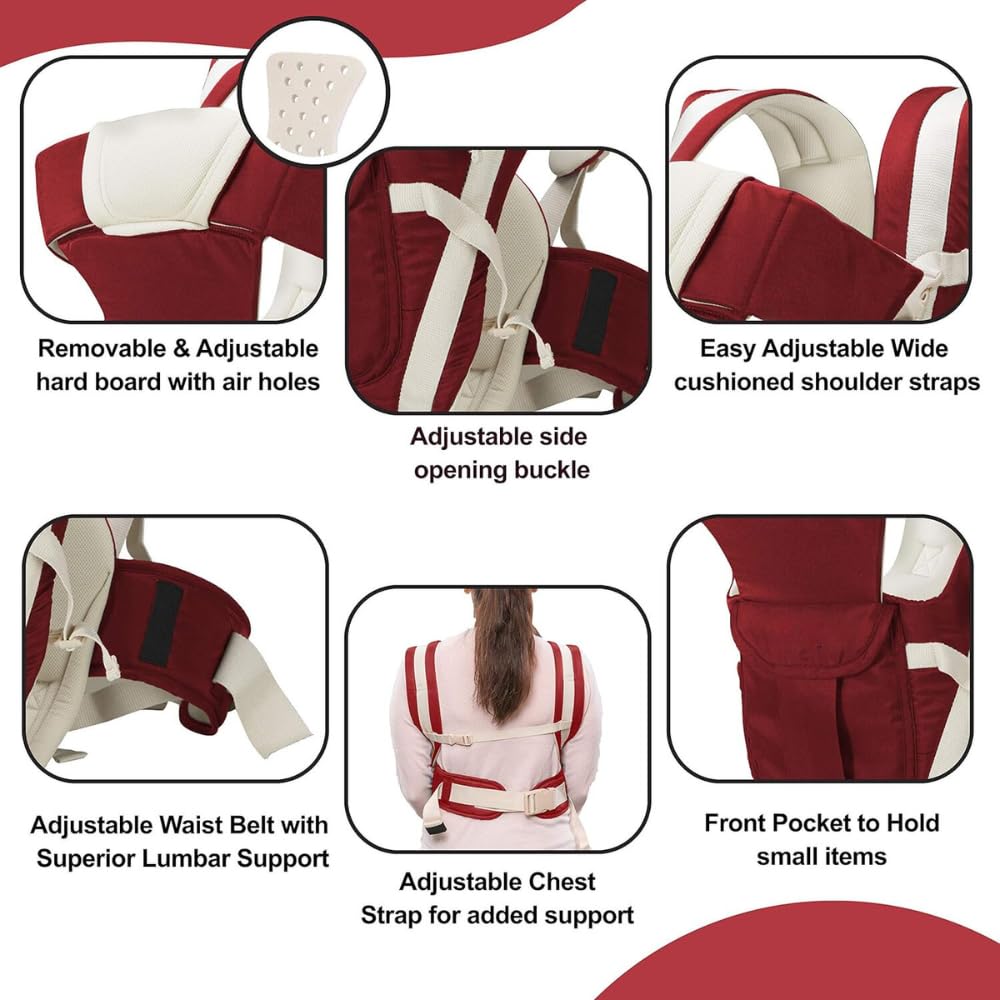 Premium 4-in-1 Baby Carrier With Comfortable Head Support & Buckle Straps (Red)