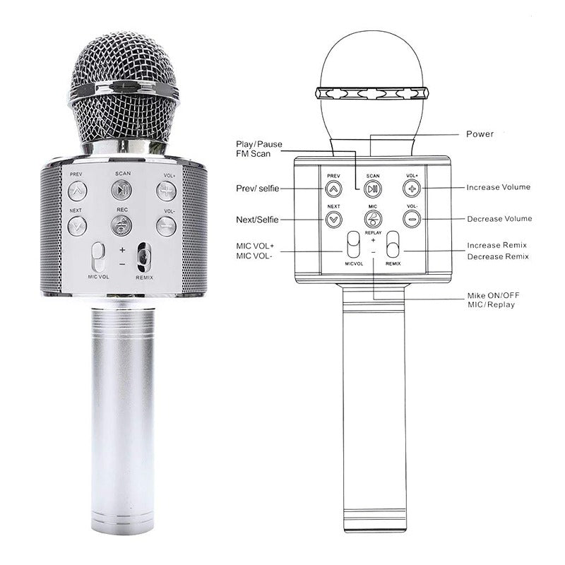 Symphony Sync: WS 818 Bluetooth Mic - Wireless Handheld Karaoke Microphone with Audio Recording and Speaker, Compatible with All Smartphones (Silver)