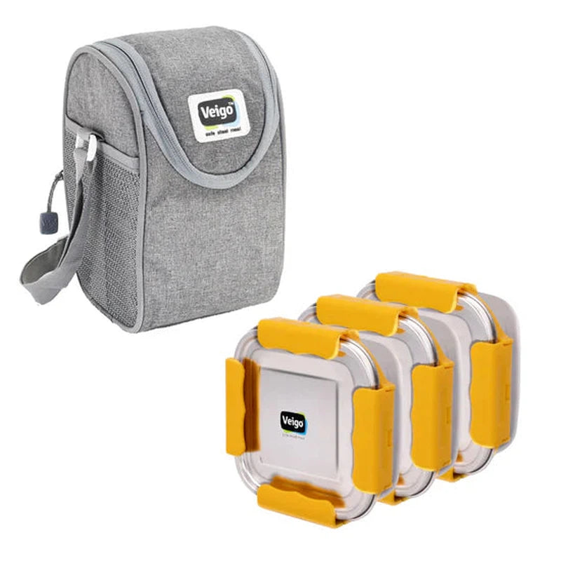 Lunch Boss Combo- 3 Maxo Steel Leakproof & Airtight Medium Lunch Boxes(330ml + 330ml + 330ml) with Insulated Lunch Bag, Suitable for Office & School| Yellow