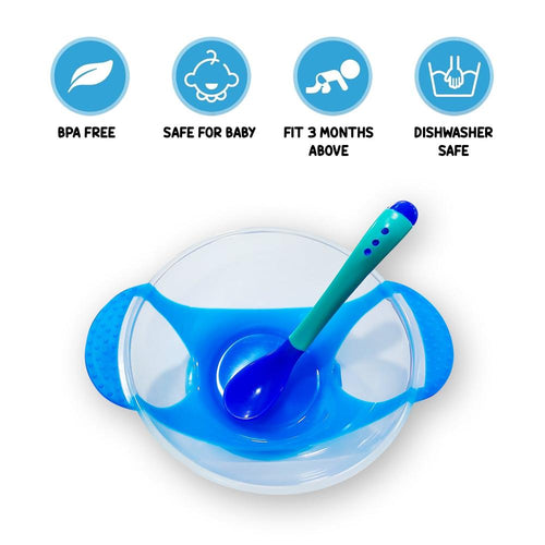 Zikku Baby Spill-Proof Silicone Suction Bowl Set with Temperature-Sensitive Spoon | Blue