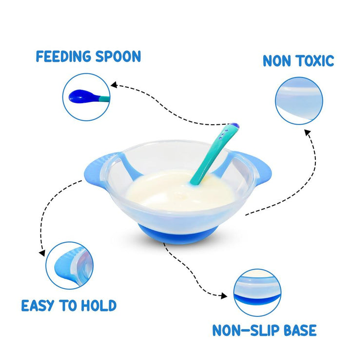 Zikku Baby Spill-Proof Silicone Suction Bowl Set with Temperature-Sensitive Spoon | Blue