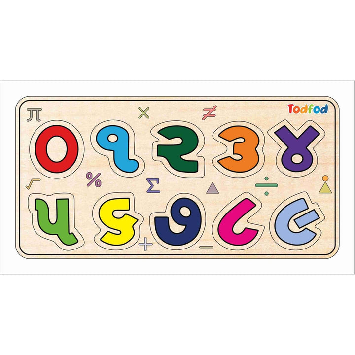 Wooden Gujarati Number Puzzle Toy for Kids & Children, 0 to 9 Number 10 Pcs with Knob, Multicolor Pictures, Educational and Learning Boards