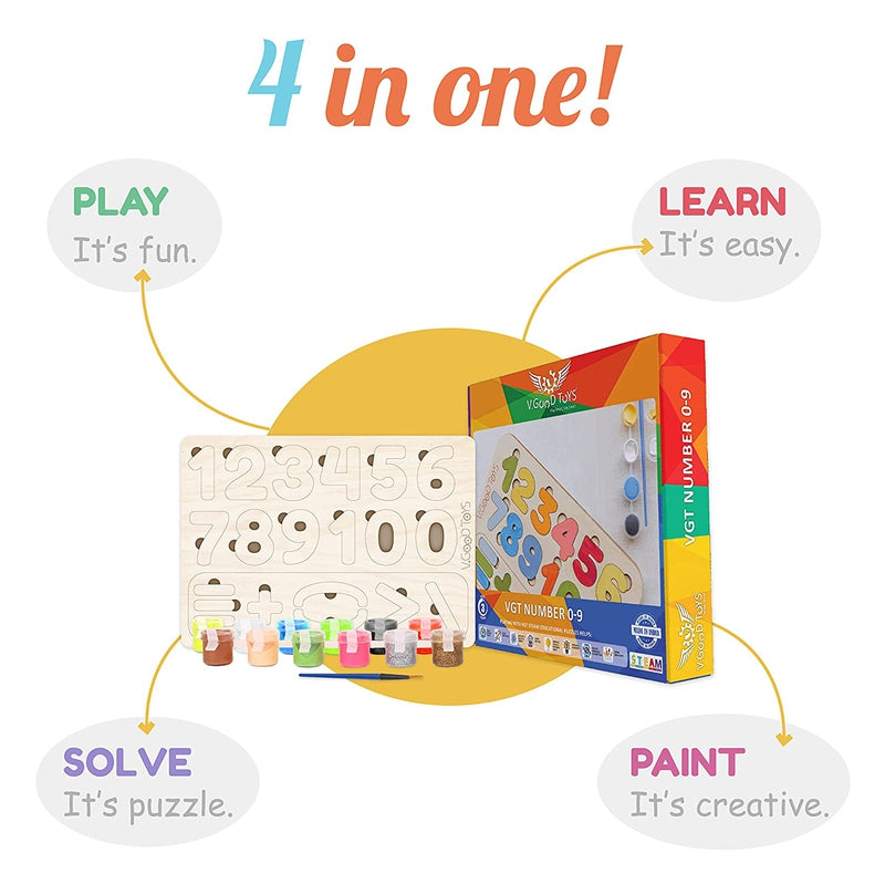 Sustainable STEAM Wooden Number Puzzle Set with Paint and Brush for Kids