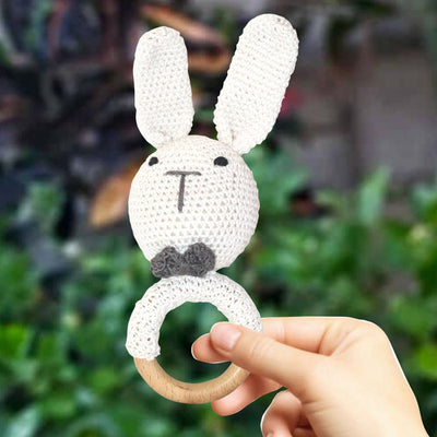 Crochet Bunny Rattle Teething Ring Teether Rattle Soft Toy for Kids