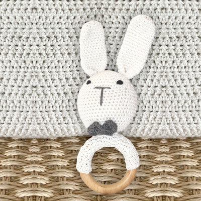 Crochet Bunny Rattle Teething Ring Teether Rattle Soft Toy for Kids