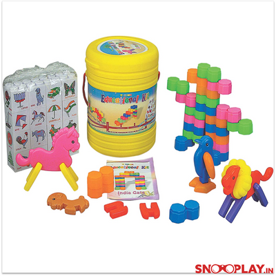 Kids Educational Puzzle Kit Bucket (Learn Words, Numbers, Animals, Build Blocks)