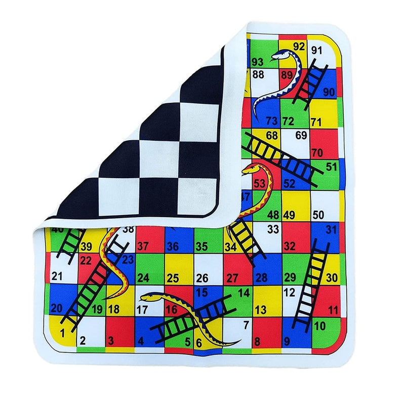 Multicolored 2 in 1  Snakes & Ladders / Chess Foldable Play Mat Board Game with 16 Token, 1 Dice and 32 Chess Soldiers