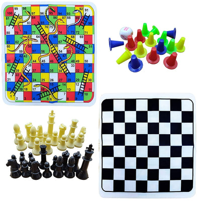 Multicolored 2 in 1  Snakes & Ladders / Chess Foldable Play Mat Board Game with 16 Token, 1 Dice and 32 Chess Soldiers