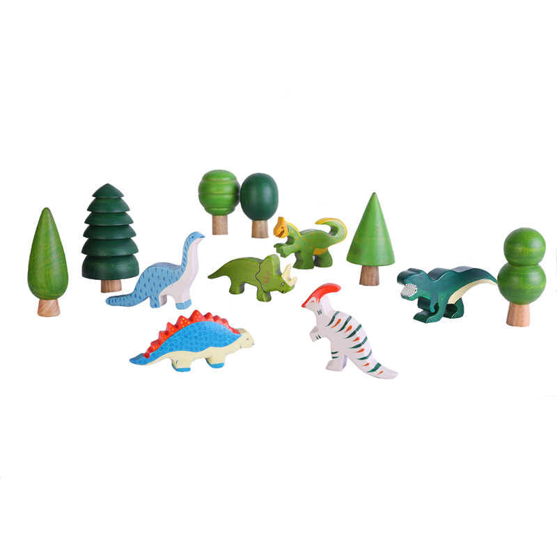 6 Wooden Dinosaurs & 3 Trees Set - B (3-7 Years)