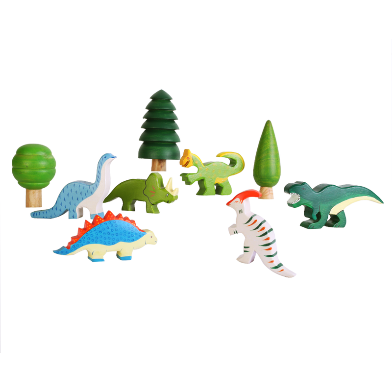 6 Wooden Dinosaurs and 3 Trees Set - A