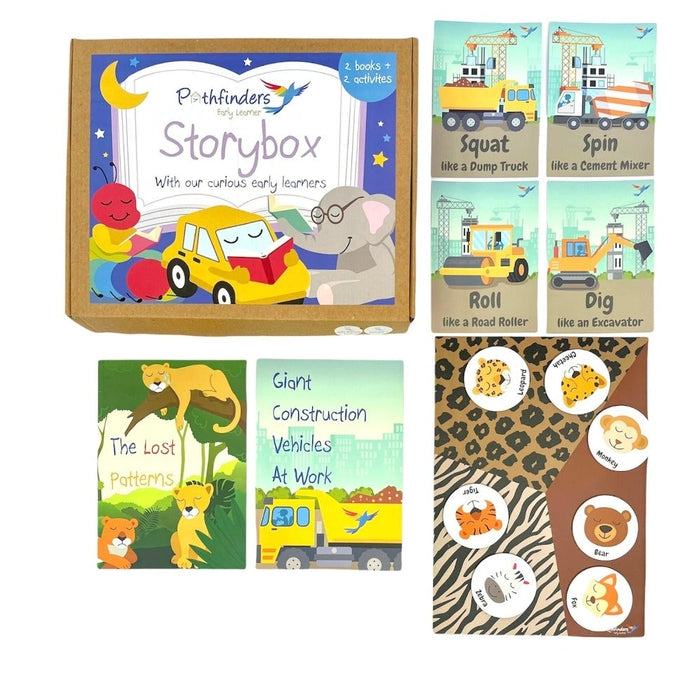 Transport + Animals Story Box ( 2 Story Books on Construction Vehicles and Animal Patterns + 2 Follow-up Activities )