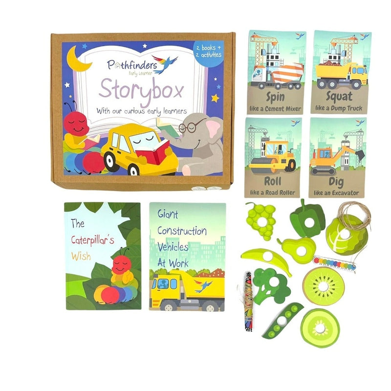 Insects + Transport Story Box ( 2 Story Books on Lifecycle of a Butterfly and Construction Vehicles  + 2 Follow-up Activities )