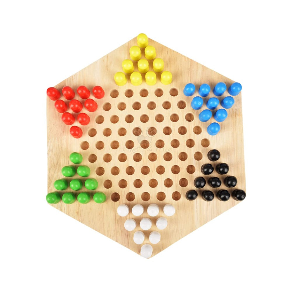 Wooden Chinese Checkers Hexagon Board with Wooden Marbles Board Games For Children