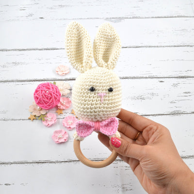 Crochet Rabbit Rattle Cum Soft Toys - Cream