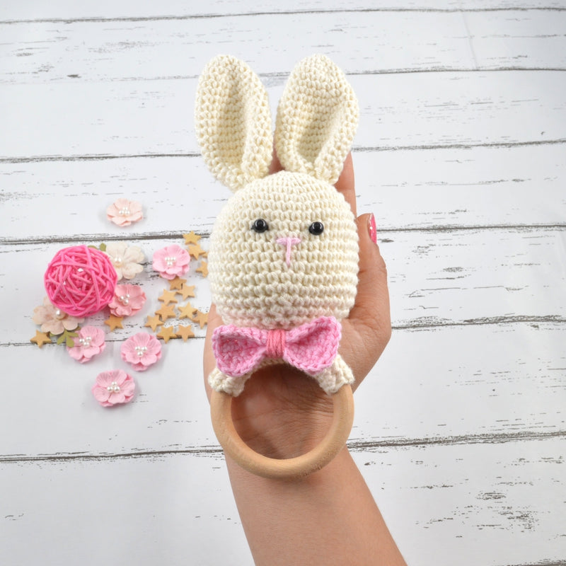 Crochet Rabbit Rattle Cum Soft Toys - Cream