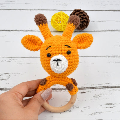 Beech Wood Ring Giraffe Rattle Cum Soft Toys- Yellow