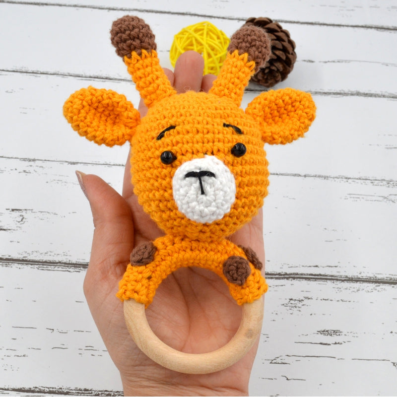 Beech Wood Ring Giraffe Rattle Cum Soft Toys- Yellow