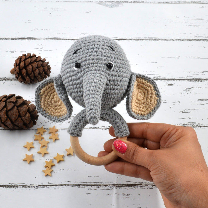 Amigurumi Elephant Rattle Cum Soft Toys - Grey