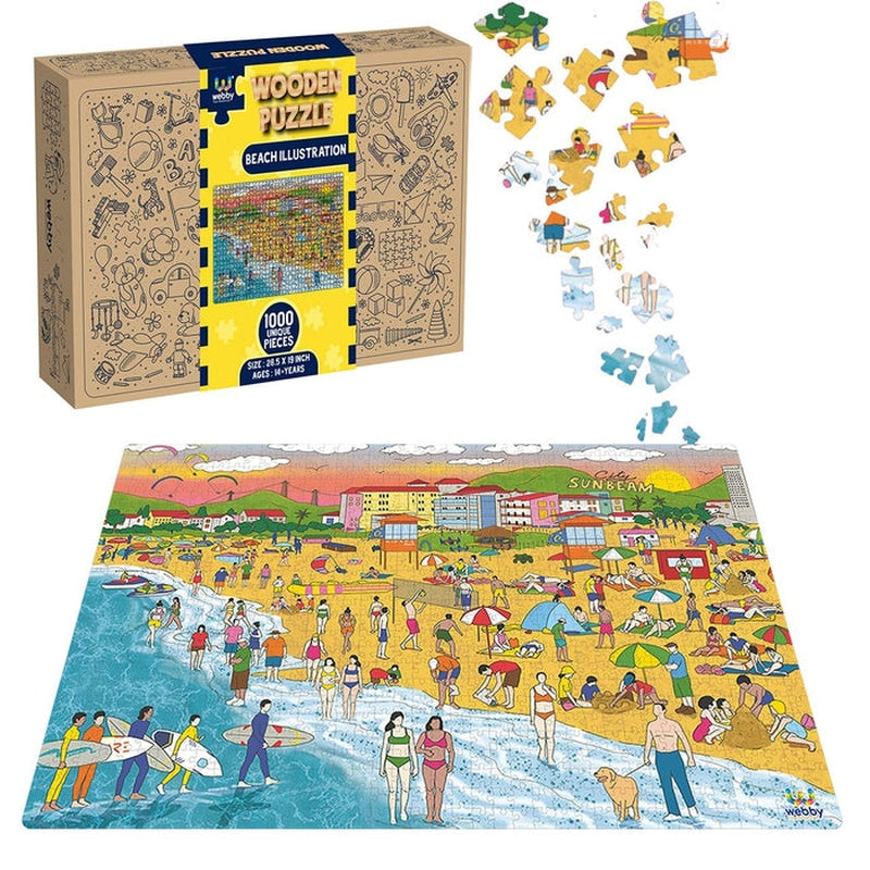 Beach Illustration Wooden Jigsaw Puzzle (1000 Pieces) Multicolor