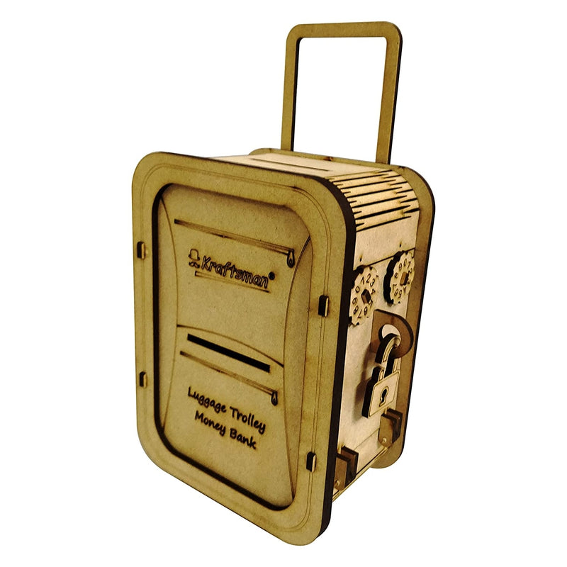 Wooden Money Safe for Kids and Adults - Luggage Trolley Style