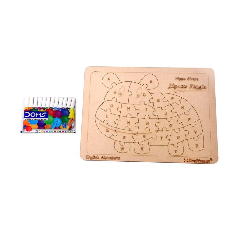 English Alphabets Wooden Jigsaw Puzzles Hippo Shape Puzzle | Color Kit Included