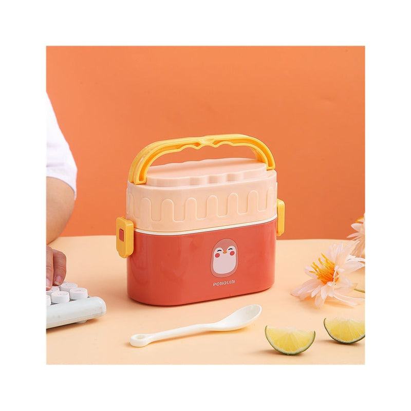 Oval Double-Deck Portable Lunch Box with Handle & Spoon