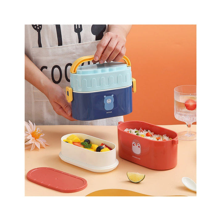 Oval Double-Deck Portable Lunch Box with Handle & Spoon