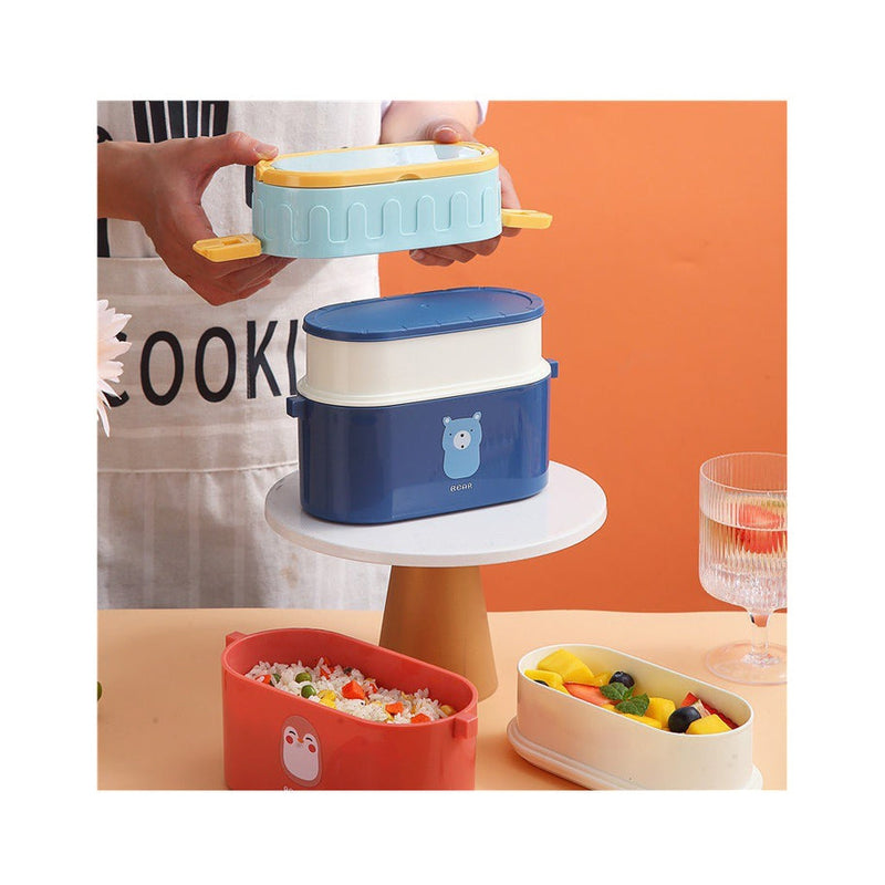 Oval Double-Deck Portable Lunch Box with Handle & Spoon