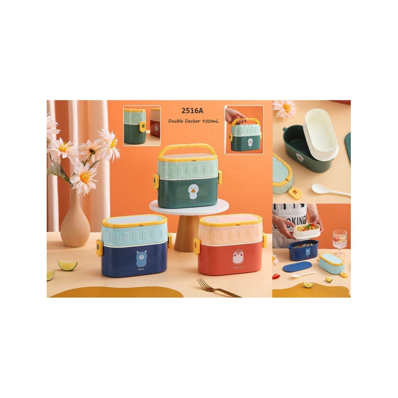 Oval Double-Deck Portable Lunch Box with Handle & Spoon