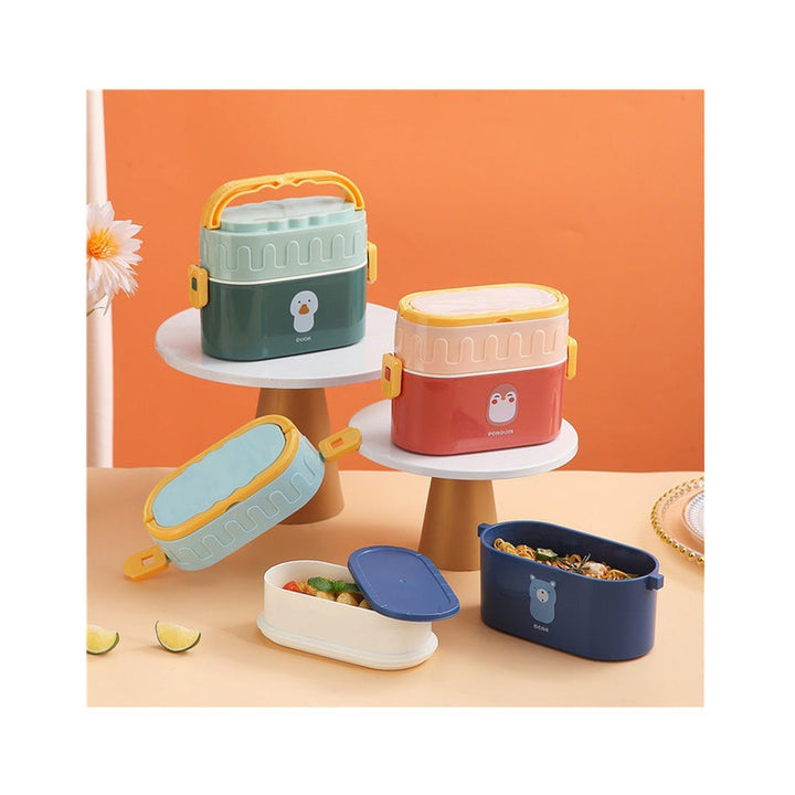 Oval Double-Deck Portable Lunch Box with Handle & Spoon