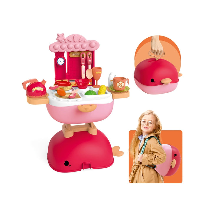 3 IN1 Kitchen Set for Kids Role Play for Girls, Foldable Backpack, School Bag, Pretend Play Toy for Kids (30 Pcs)