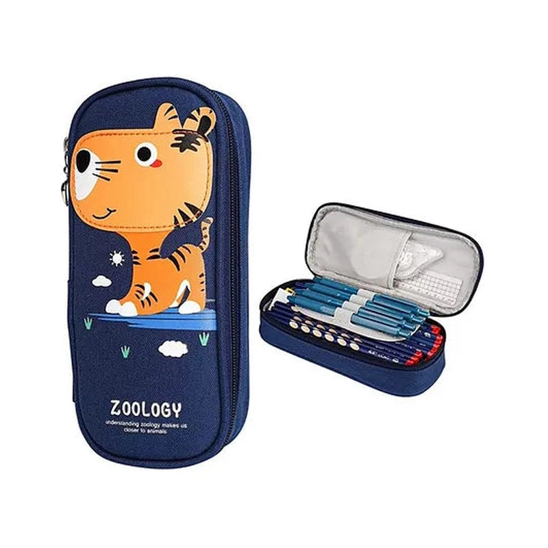 Cute Cartoon Pencil Pouch With Zipper Waterproof & Durable Compartment Large Storage Pencil Bag for Girls Boys in School - Dark Blue Tiger