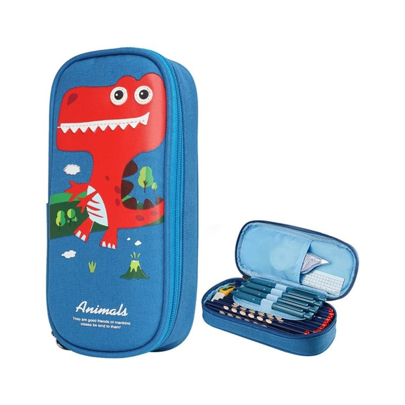 Cute Cartoon Pencil Pouch With Zipper Waterproof & Durable Compartment (Light Blue - Dinosaur)