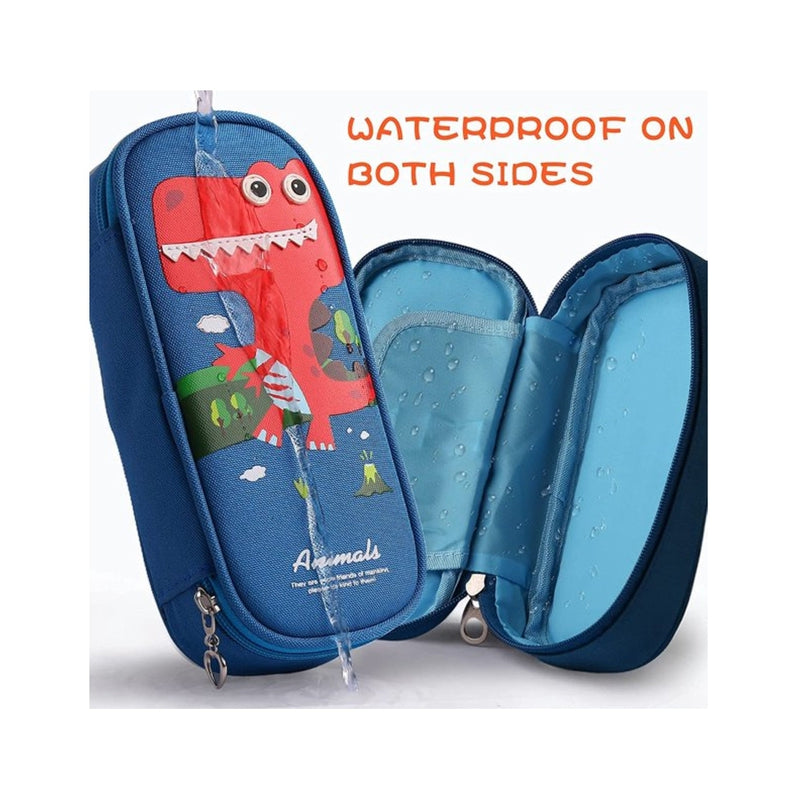 Cute Cartoon Pencil Pouch With Zipper Waterproof & Durable Compartment (Light Blue - Dinosaur)