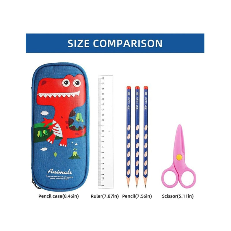 Cute Cartoon Pencil Pouch With Zipper Waterproof & Durable Compartment (Light Blue - Dinosaur)