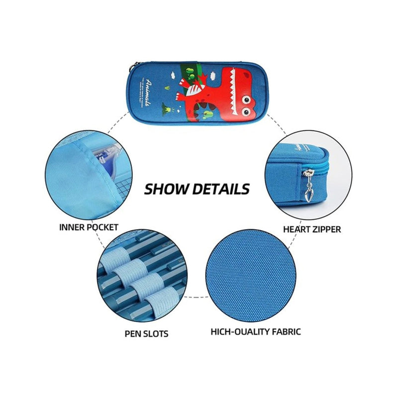 Cute Cartoon Pencil Pouch With Zipper Waterproof & Durable Compartment (Light Blue - Dinosaur)