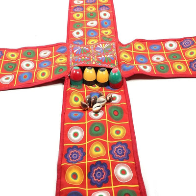 Traditional Indian Ludo Board Game Play Mat With 16 Wooden Soldiers, 7 Shells(Dice) for Kids/Adult/Family Fun Activity